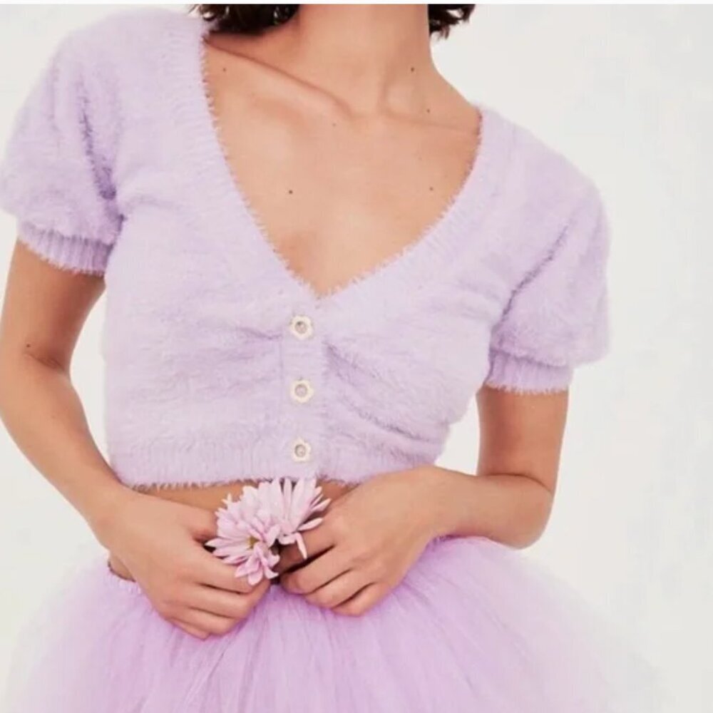 For Love & Lemons Devon Cropped Cardigan Short Sleeve Knit Button Down Medium